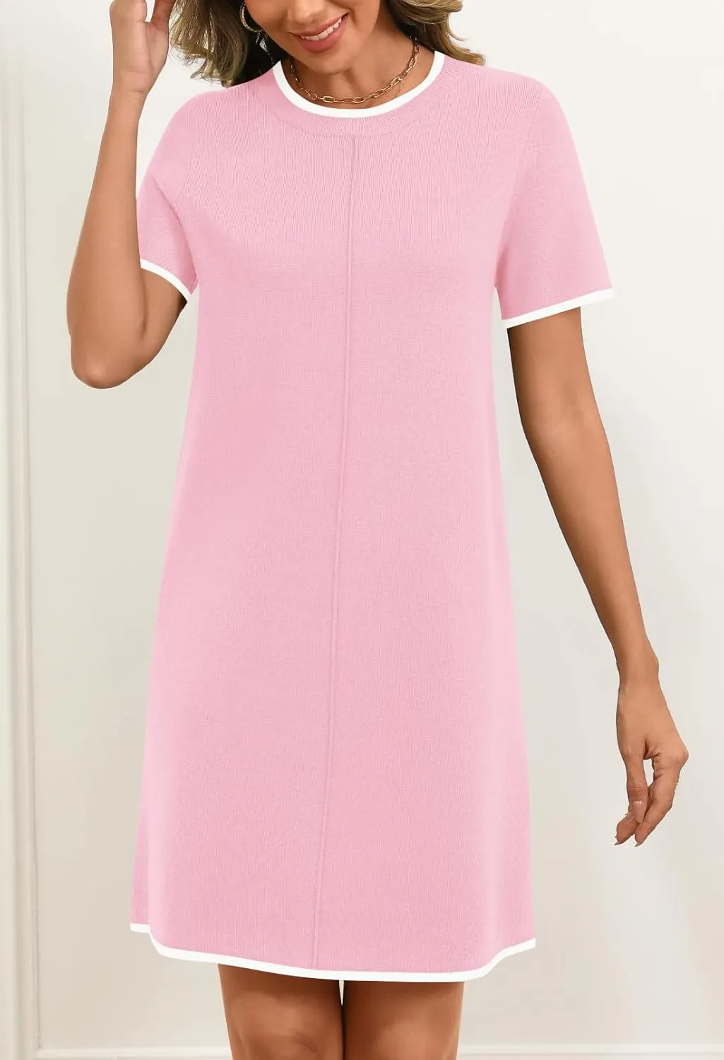 MEROKEETY Women's 2025 Summer Short Sleeve Mini Dress Casual Crewneck Color Block Knit Dresses