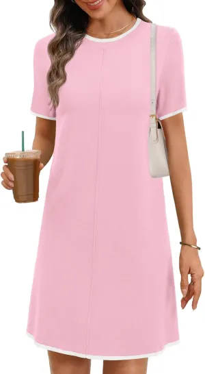 MEROKEETY Women's 2025 Summer Short Sleeve Mini Dress Casual Crewneck Color Block Knit Dresses