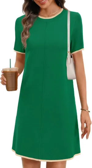 MEROKEETY Women's 2025 Summer Short Sleeve Mini Dress Casual Crewneck Color Block Knit Dresses