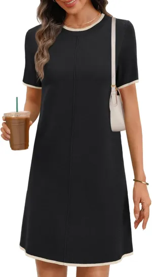 MEROKEETY Women's 2025 Summer Short Sleeve Mini Dress Casual Crewneck Color Block Knit Dresses