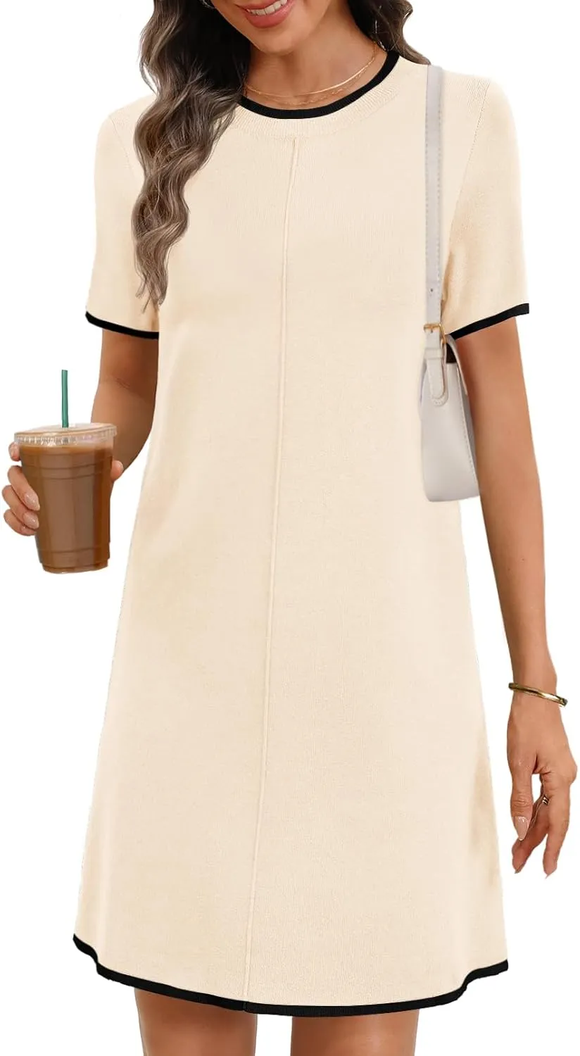 MEROKEETY Women's 2025 Summer Short Sleeve Mini Dress Casual Crewneck Color Block Knit Dresses