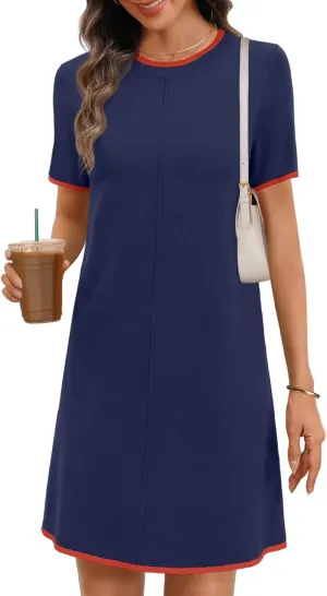 MEROKEETY Women's 2025 Summer Short Sleeve Mini Dress Casual Crewneck Color Block Knit Dresses