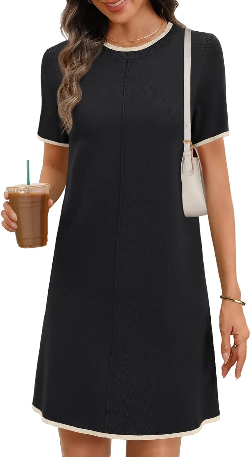 MEROKEETY Women's 2025 Summer Short Sleeve Mini Dress Casual Crewneck Color Block Knit Dresses
