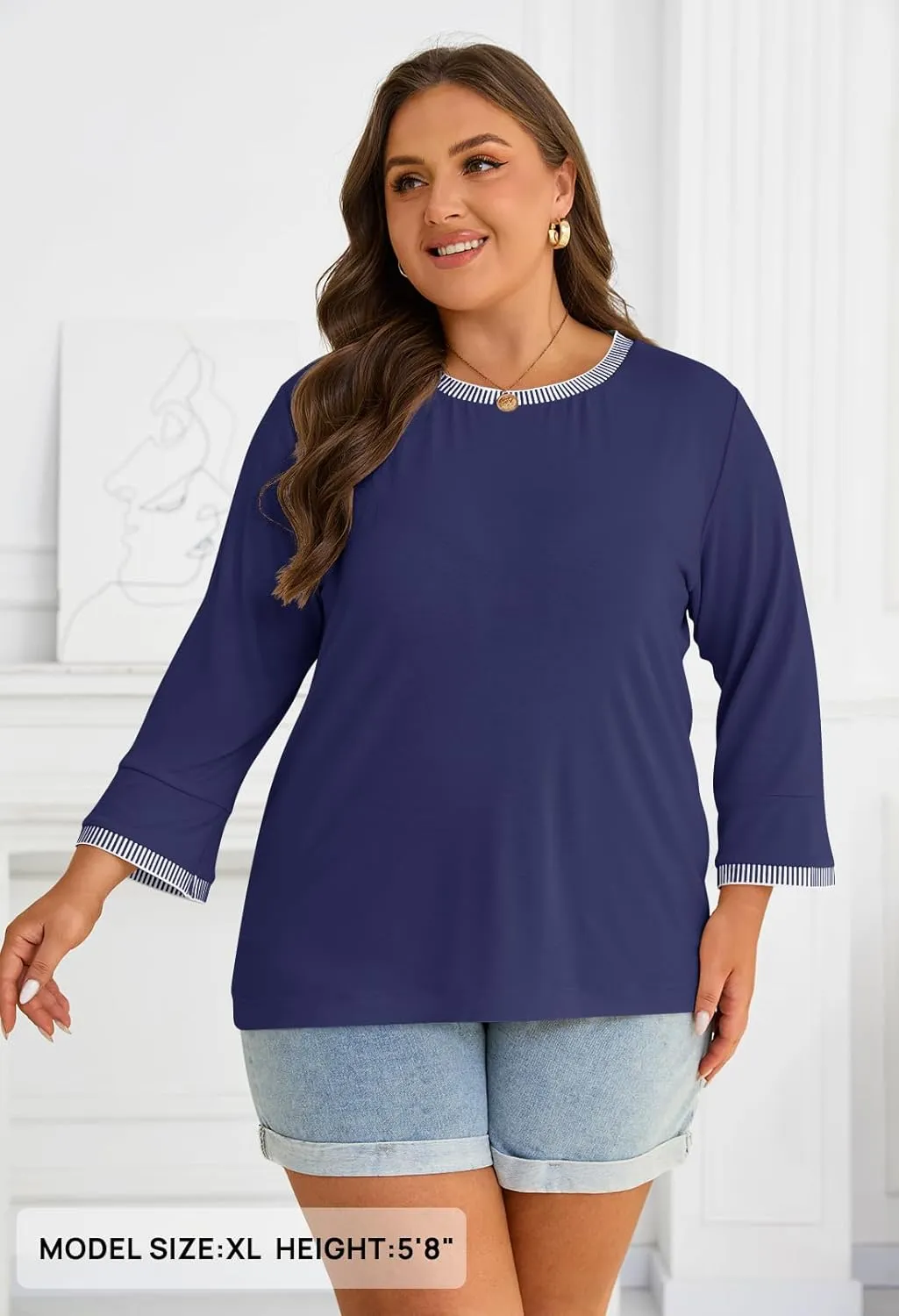MEROKEETY Women's 3/4 Length Sleeve Tops Dressy Casual Crew Neck Loose Trendy Spring Blouses T Shirts