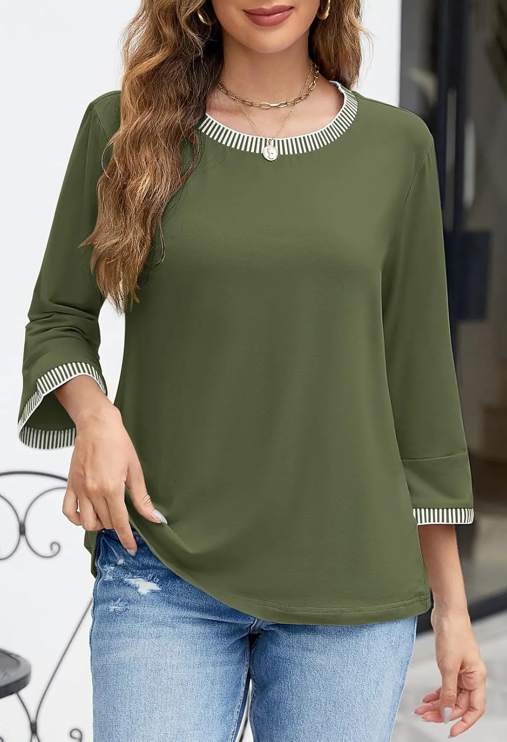 MEROKEETY Women's 3/4 Length Sleeve Tops Dressy Casual Crew Neck Loose Trendy Spring Blouses T Shirts