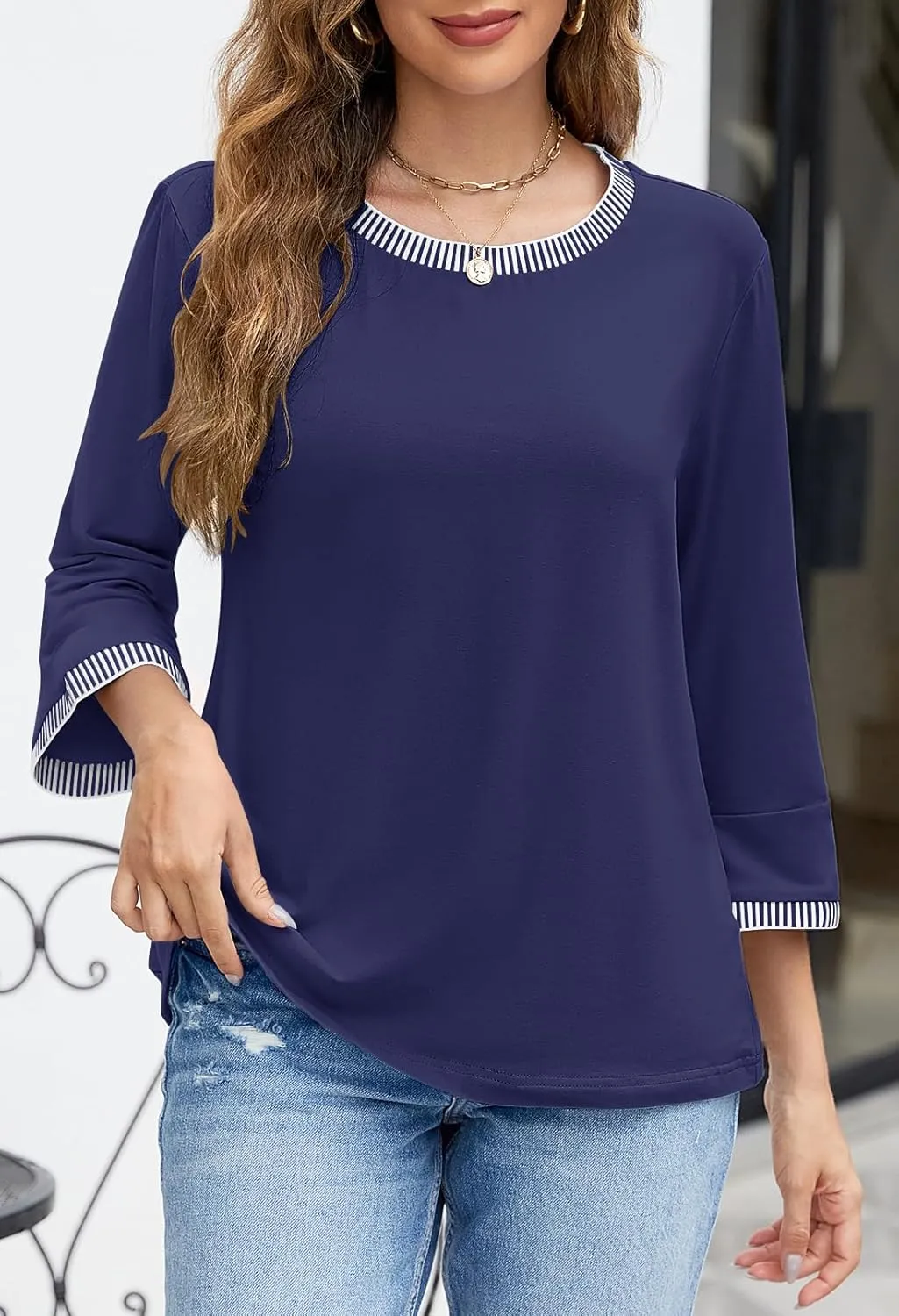 MEROKEETY Women's 3/4 Length Sleeve Tops Dressy Casual Crew Neck Loose Trendy Spring Blouses T Shirts