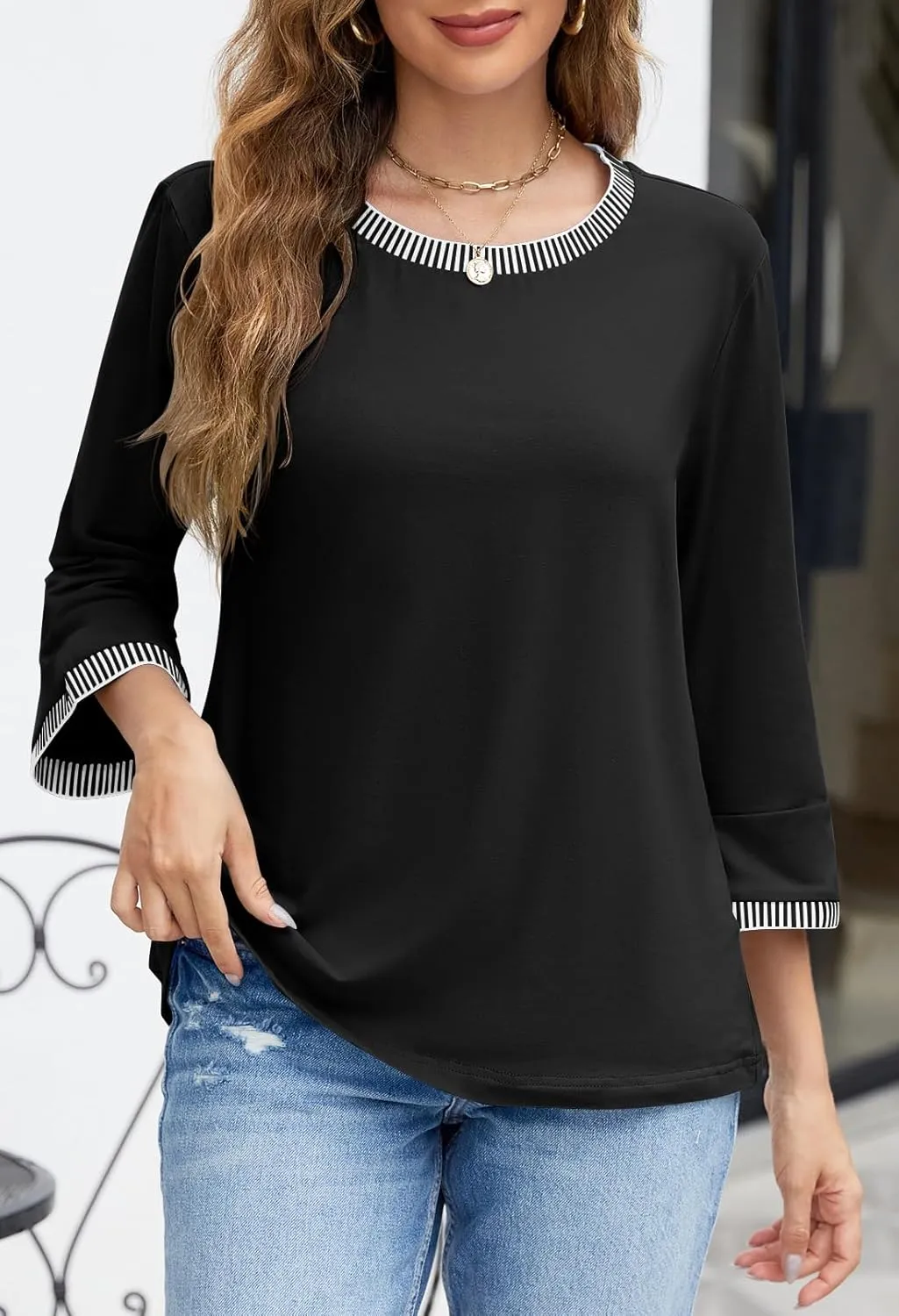 MEROKEETY Women's 3/4 Length Sleeve Tops Dressy Casual Crew Neck Loose Trendy Spring Blouses T Shirts