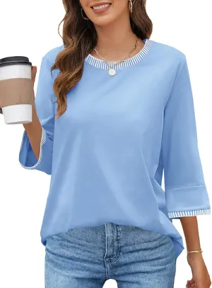 MEROKEETY Women's 3/4 Length Sleeve Tops Dressy Casual Crew Neck Loose Trendy Spring Blouses T Shirts