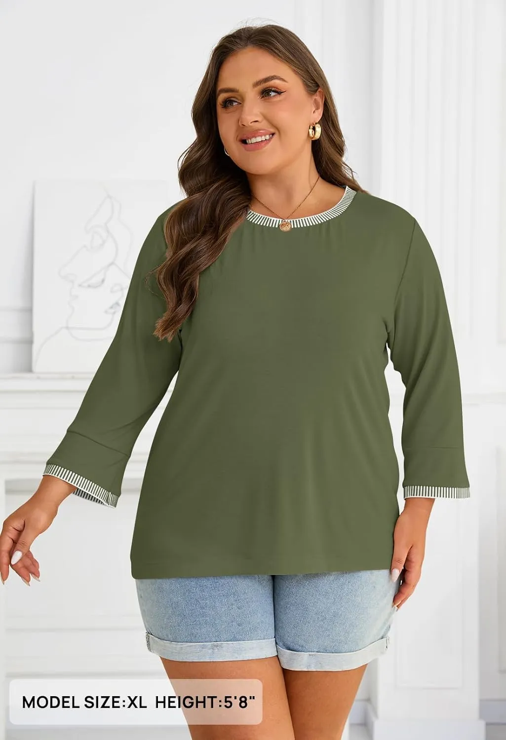 MEROKEETY Women's 3/4 Length Sleeve Tops Dressy Casual Crew Neck Loose Trendy Spring Blouses T Shirts