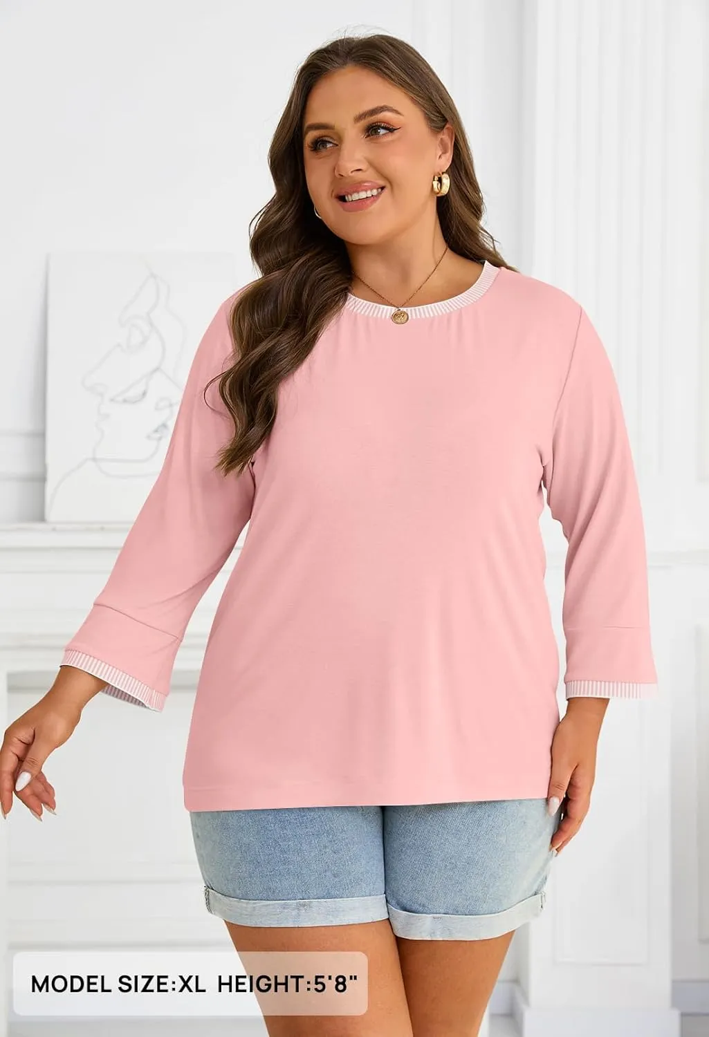 MEROKEETY Women's 3/4 Length Sleeve Tops Dressy Casual Crew Neck Loose Trendy Spring Blouses T Shirts
