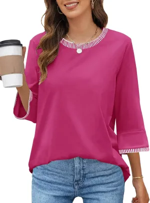 MEROKEETY Women's 3/4 Length Sleeve Tops Dressy Casual Crew Neck Loose Trendy Spring Blouses T Shirts