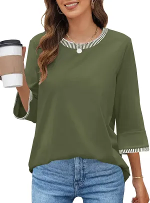 MEROKEETY Women's 3/4 Length Sleeve Tops Dressy Casual Crew Neck Loose Trendy Spring Blouses T Shirts