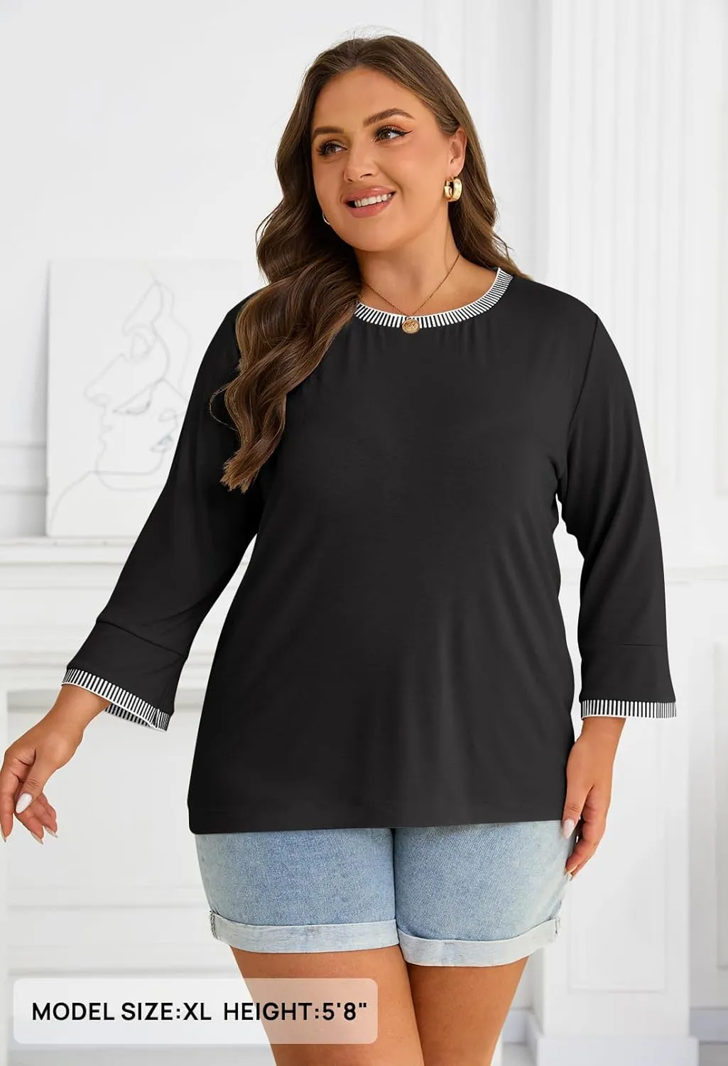 MEROKEETY Women's 3/4 Length Sleeve Tops Dressy Casual Crew Neck Loose Trendy Spring Blouses T Shirts