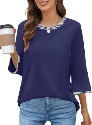 MEROKEETY Women's 3/4 Length Sleeve Tops Dressy Casual Crew Neck Loose Trendy Spring Blouses T Shirts