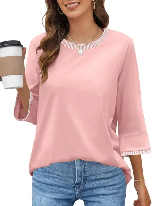 MEROKEETY Women's 3/4 Length Sleeve Tops Dressy Casual Crew Neck Loose Trendy Spring Blouses T Shirts