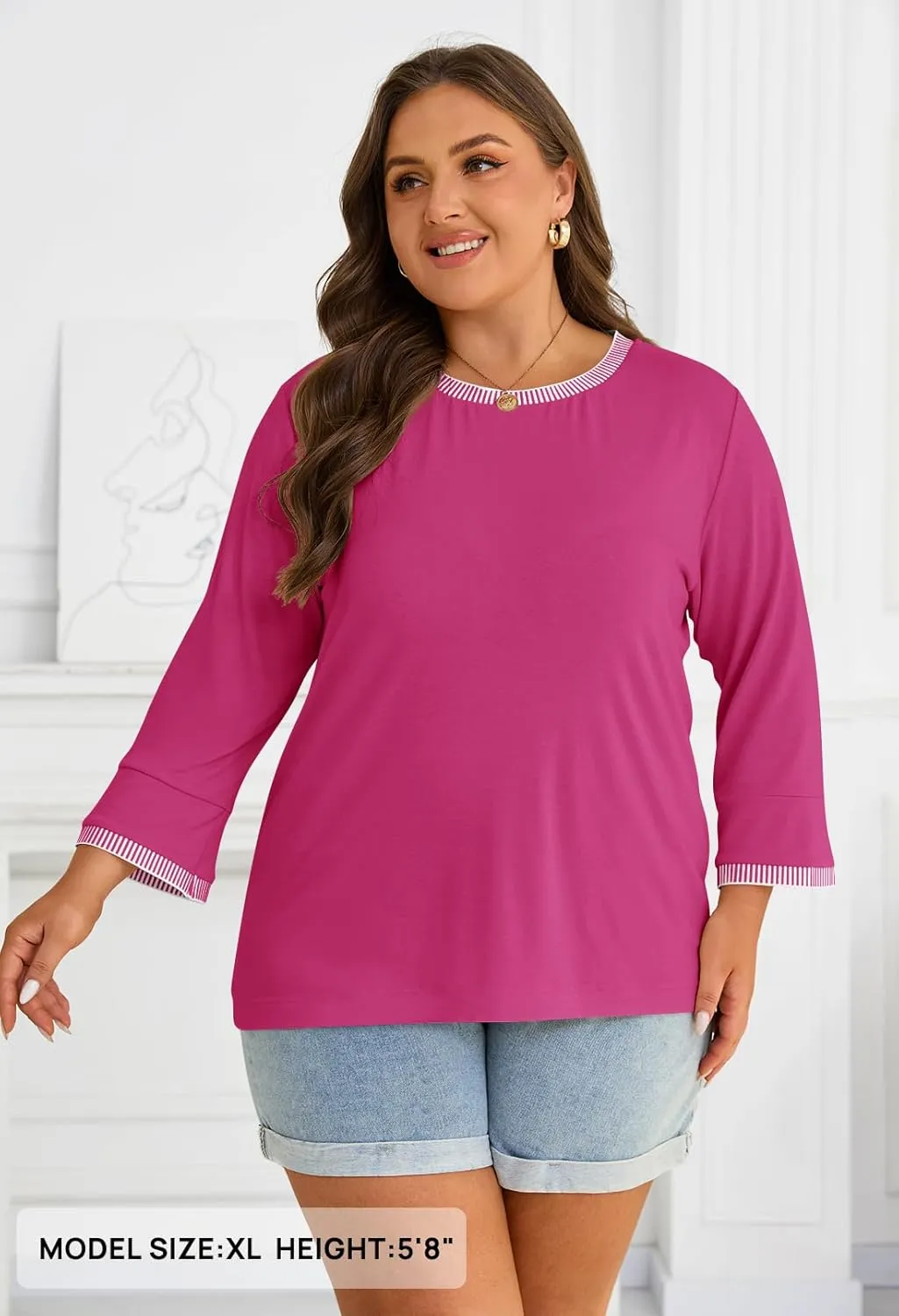 MEROKEETY Women's 3/4 Length Sleeve Tops Dressy Casual Crew Neck Loose Trendy Spring Blouses T Shirts