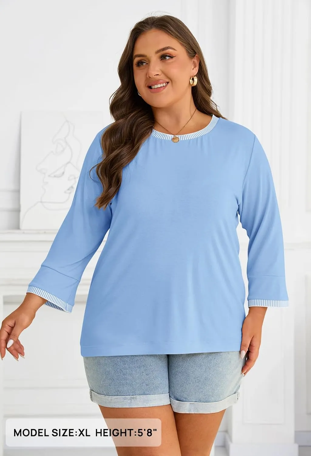MEROKEETY Women's 3/4 Length Sleeve Tops Dressy Casual Crew Neck Loose Trendy Spring Blouses T Shirts
