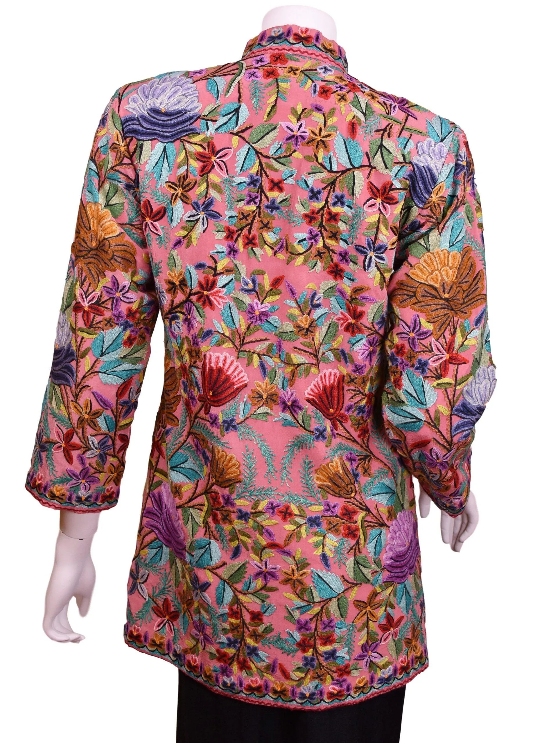 Metis Pink Rose Silk Dinner Jacket Floral Evening Dress Coat Hand Embroidered Kashmir