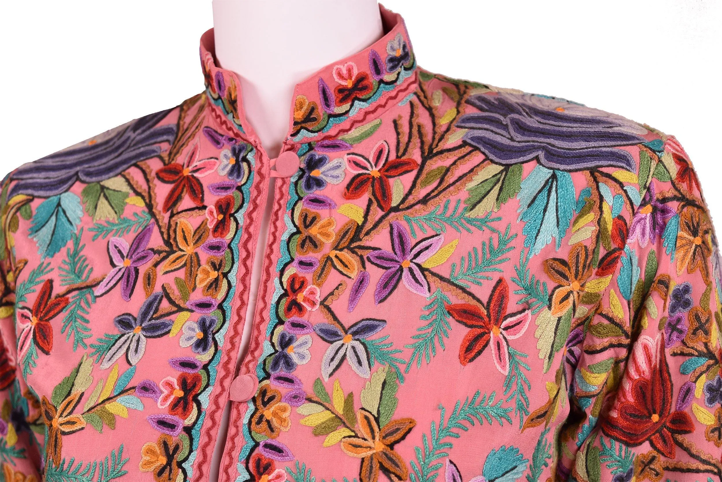 Metis Pink Rose Silk Dinner Jacket Floral Evening Dress Coat Hand Embroidered Kashmir