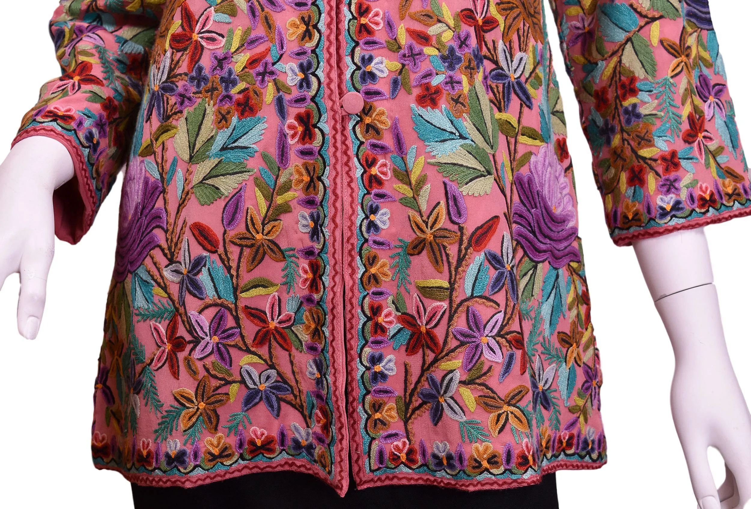Metis Pink Rose Silk Dinner Jacket Floral Evening Dress Coat Hand Embroidered Kashmir