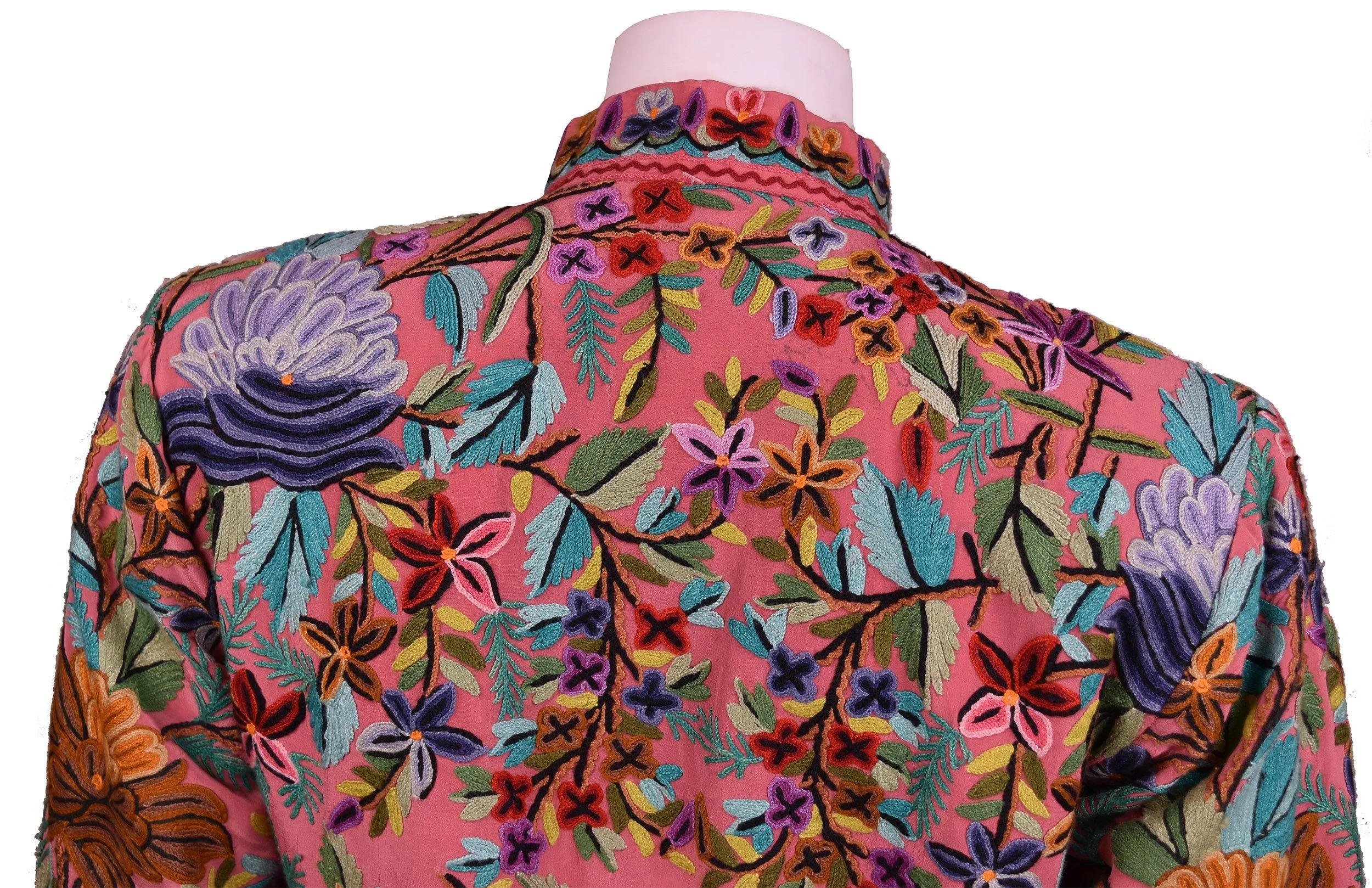 Metis Pink Rose Silk Dinner Jacket Floral Evening Dress Coat Hand Embroidered Kashmir