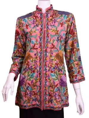 Metis Pink Rose Silk Dinner Jacket Floral Evening Dress Coat Hand Embroidered Kashmir