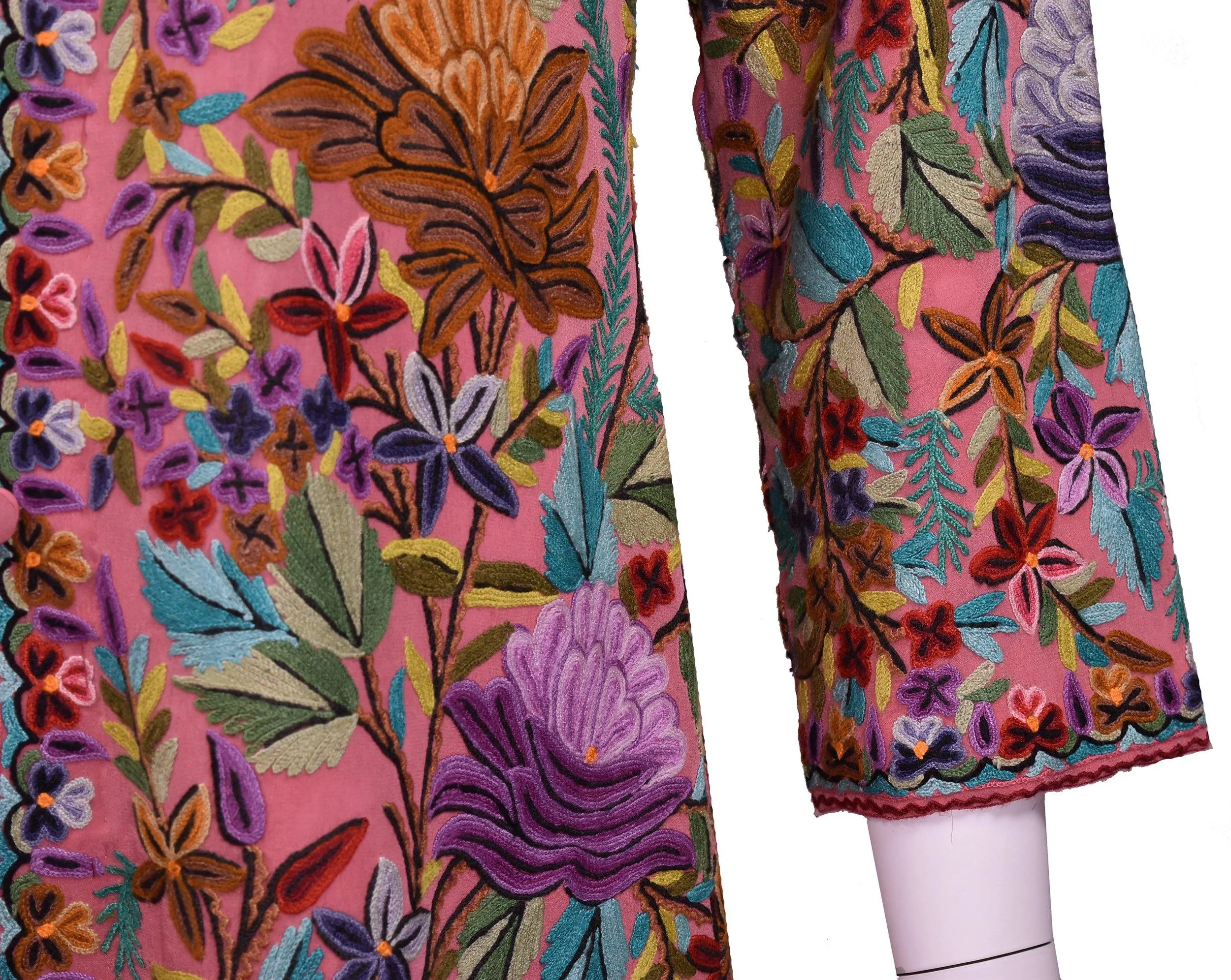 Metis Pink Rose Silk Dinner Jacket Floral Evening Dress Coat Hand Embroidered Kashmir