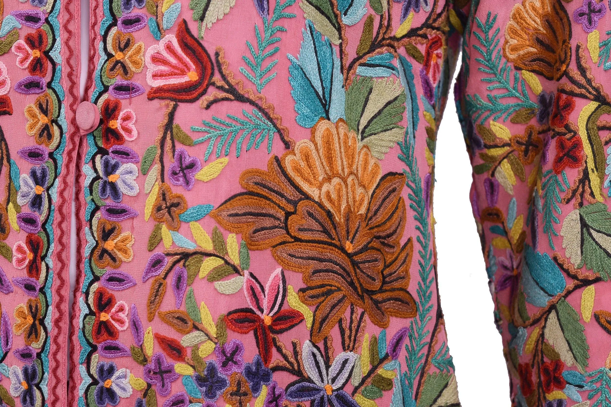 Metis Pink Rose Silk Dinner Jacket Floral Evening Dress Coat Hand Embroidered Kashmir