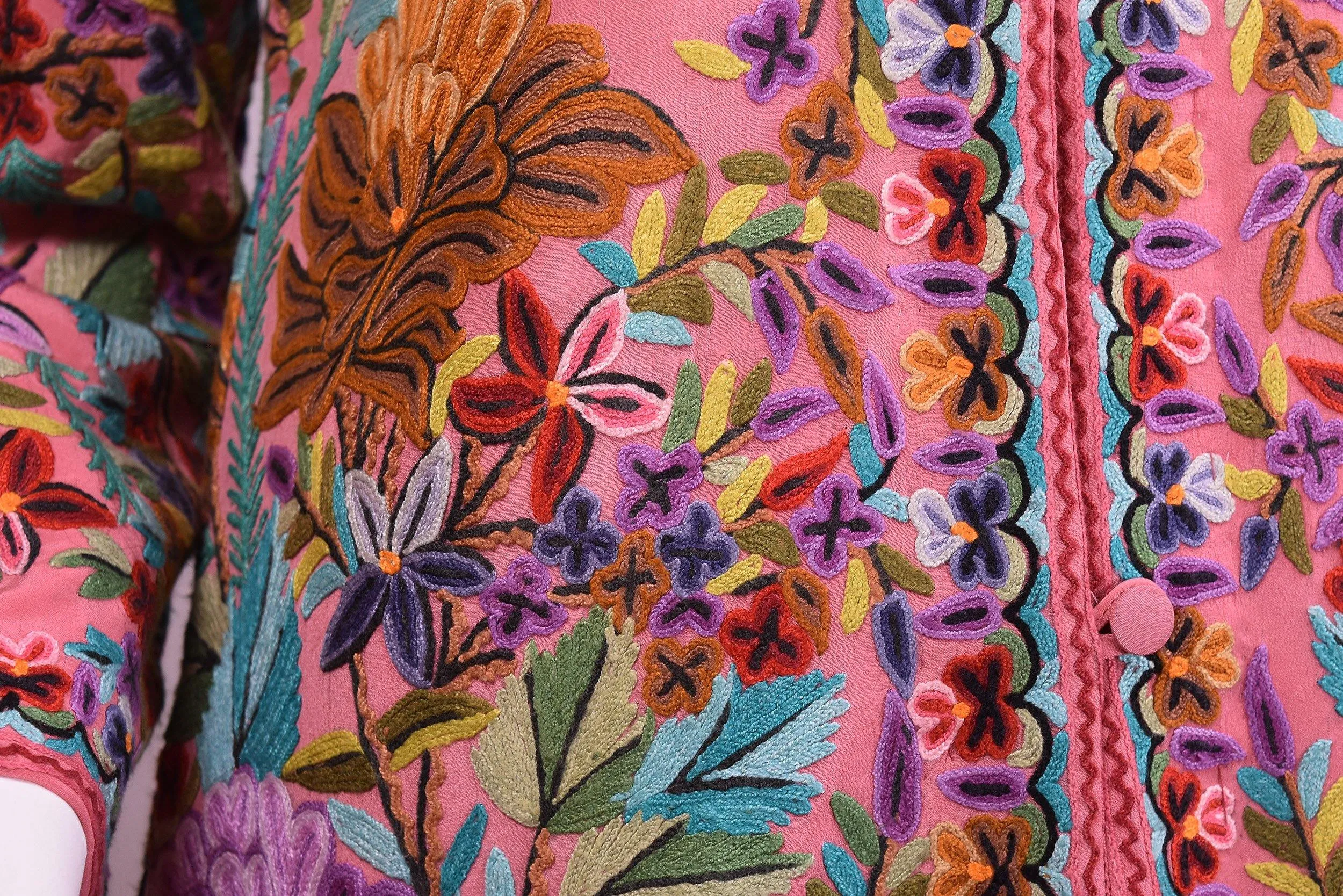 Metis Pink Rose Silk Dinner Jacket Floral Evening Dress Coat Hand Embroidered Kashmir