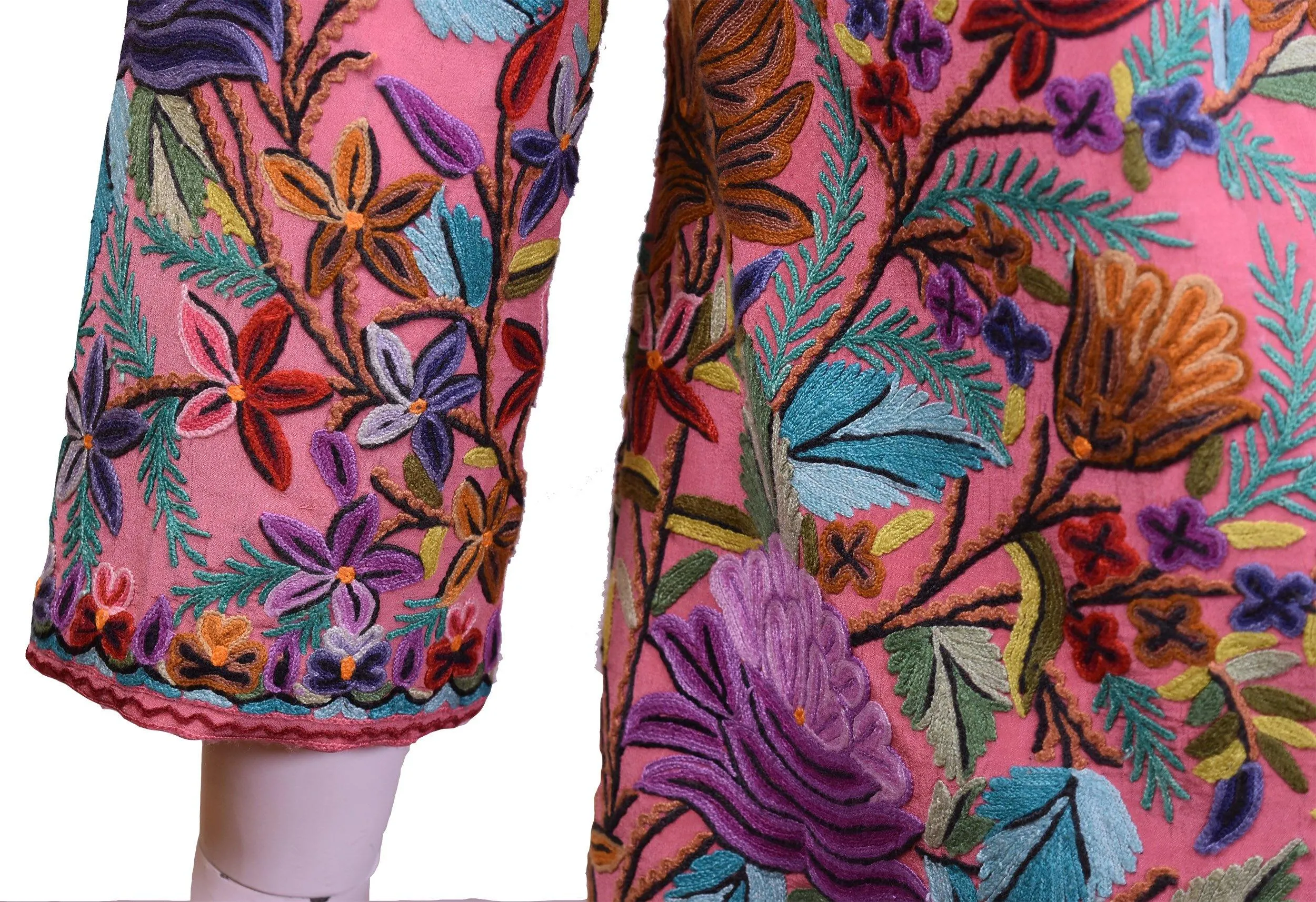 Metis Pink Rose Silk Dinner Jacket Floral Evening Dress Coat Hand Embroidered Kashmir