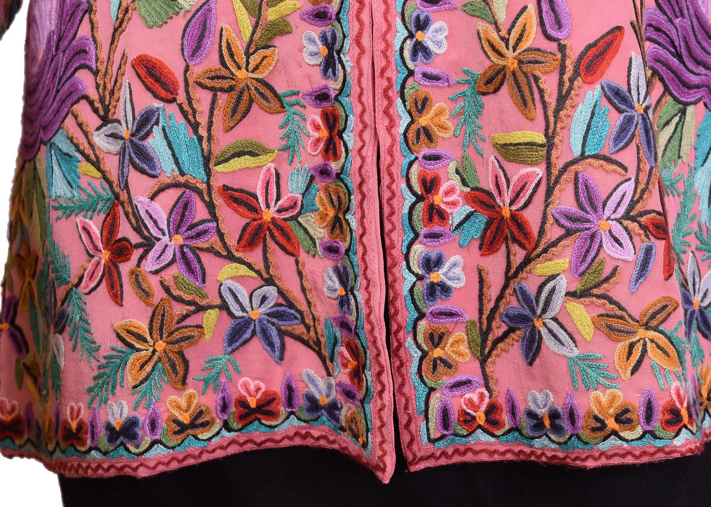 Metis Pink Rose Silk Dinner Jacket Floral Evening Dress Coat Hand Embroidered Kashmir