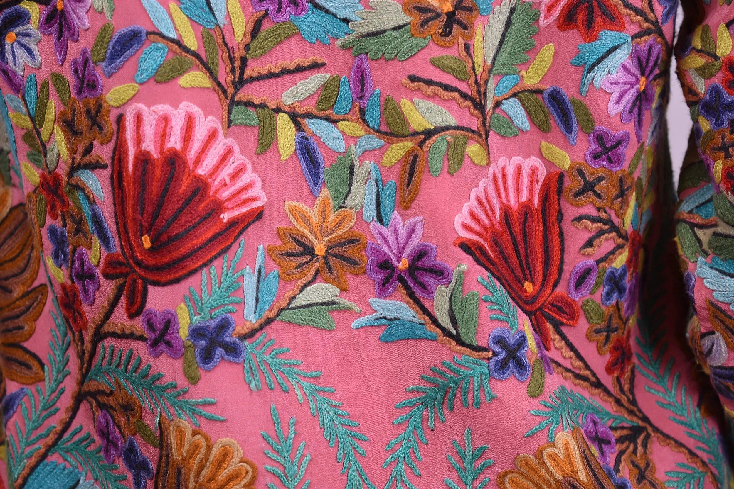 Metis Pink Rose Silk Dinner Jacket Floral Evening Dress Coat Hand Embroidered Kashmir