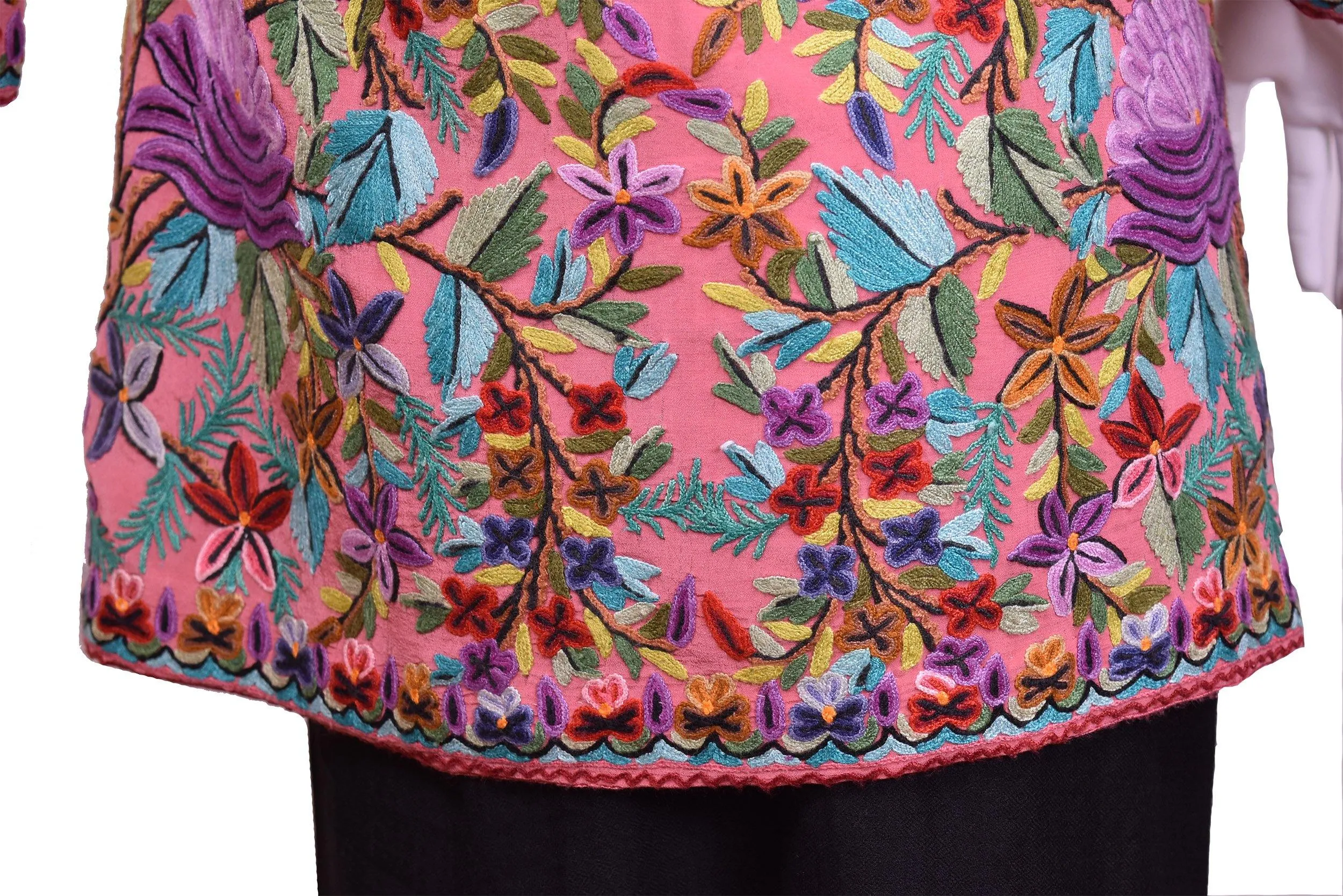 Metis Pink Rose Silk Dinner Jacket Floral Evening Dress Coat Hand Embroidered Kashmir