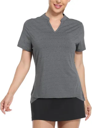 MIER Women's Golf Polo Shirts Collarless Short Sleeve Tennis Running T-Shirts V-Neck Cooling Summer Tee