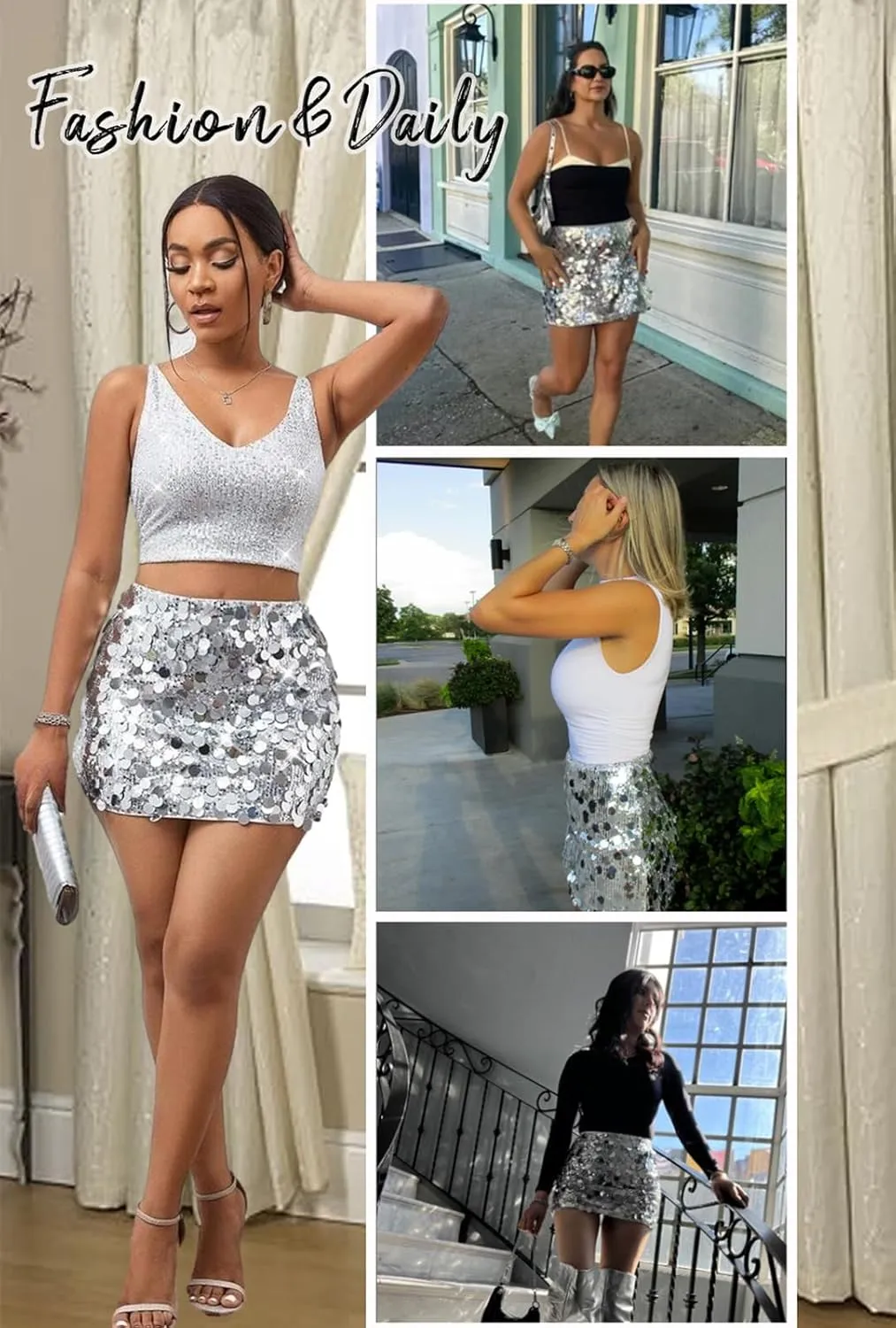 Mini Sequin Skirt for Women Stretchy Silver Rave Outfit for Night Out Skirt Glitter Sparkly Disco Party Club Dance Dress