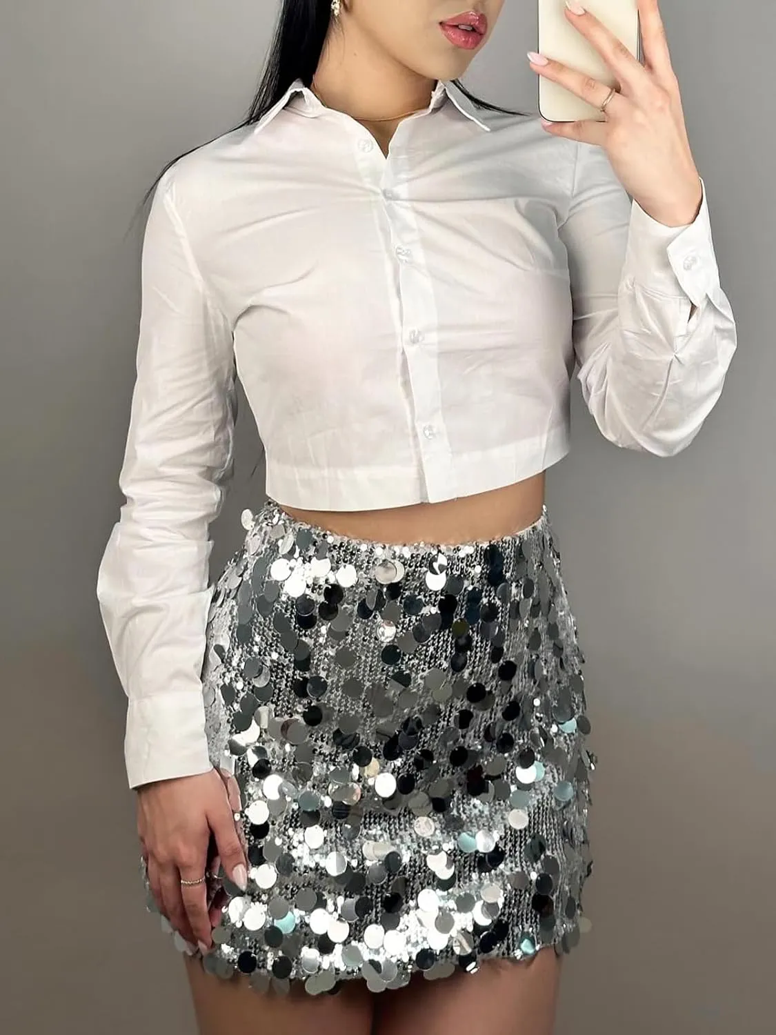 Mini Sequin Skirt for Women Stretchy Silver Rave Outfit for Night Out Skirt Glitter Sparkly Disco Party Club Dance Dress
