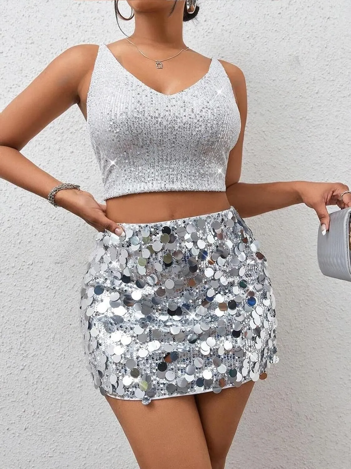 Mini Sequin Skirt for Women Stretchy Silver Rave Outfit for Night Out Skirt Glitter Sparkly Disco Party Club Dance Dress