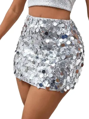 Mini Sequin Skirt for Women Stretchy Silver Rave Outfit for Night Out Skirt Glitter Sparkly Disco Party Club Dance Dress