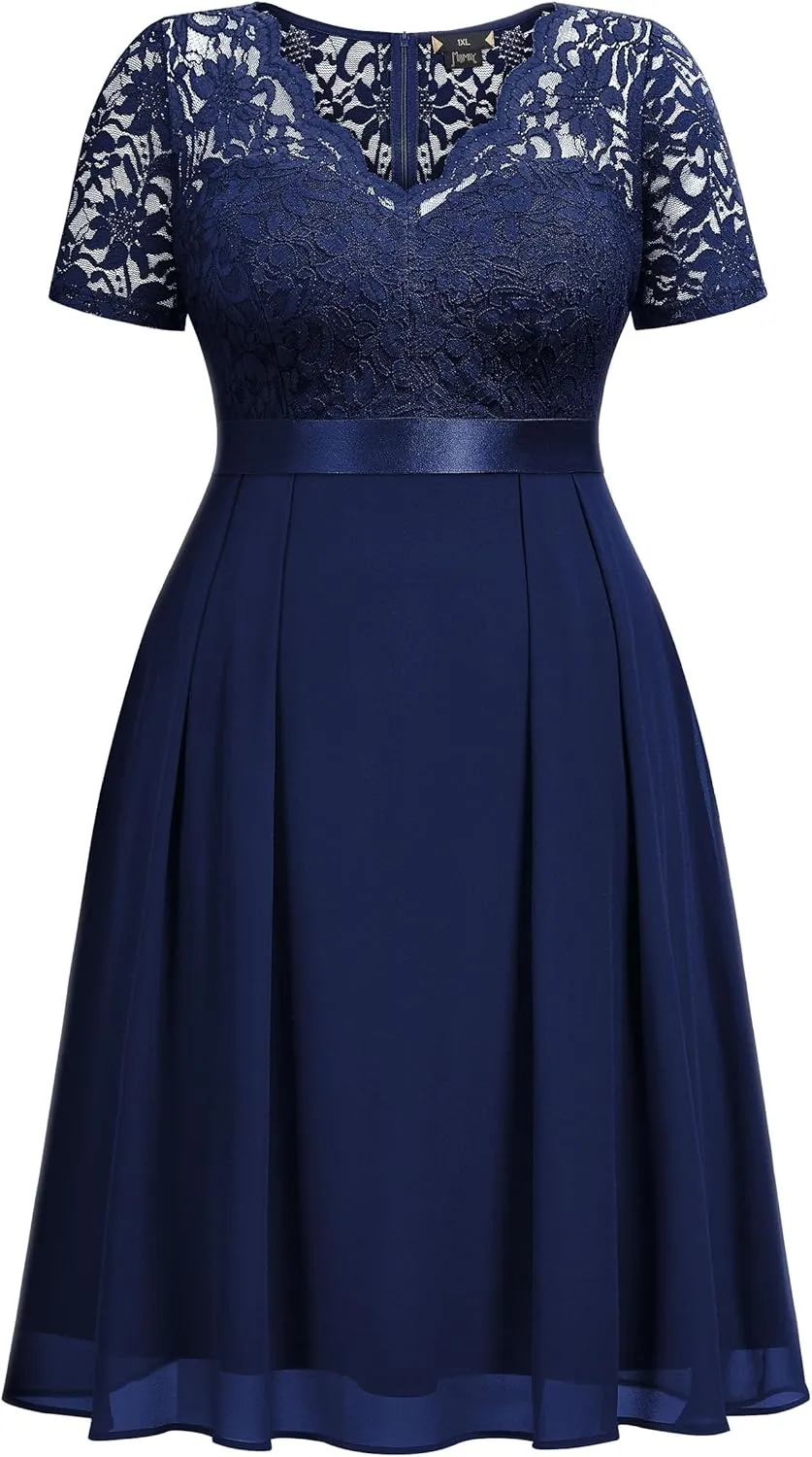 MISSMAY Women's Plus Size Lace Contrast Chiffon V Neck Flowy Cocktail Wedding Guest Midi Dress