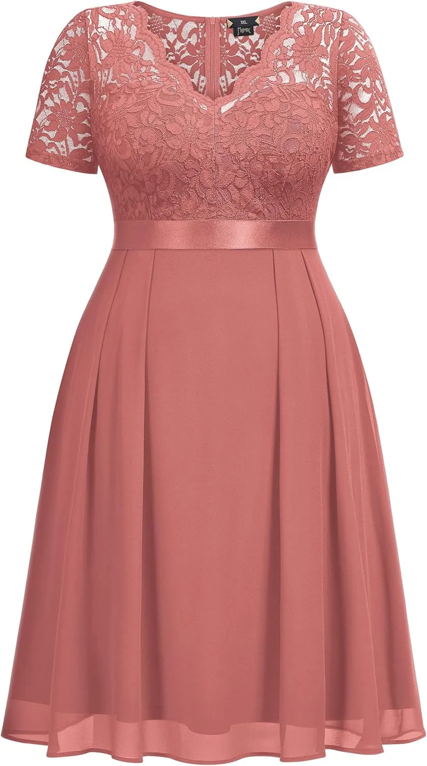 MISSMAY Women's Plus Size Lace Contrast Chiffon V Neck Flowy Cocktail Wedding Guest Midi Dress