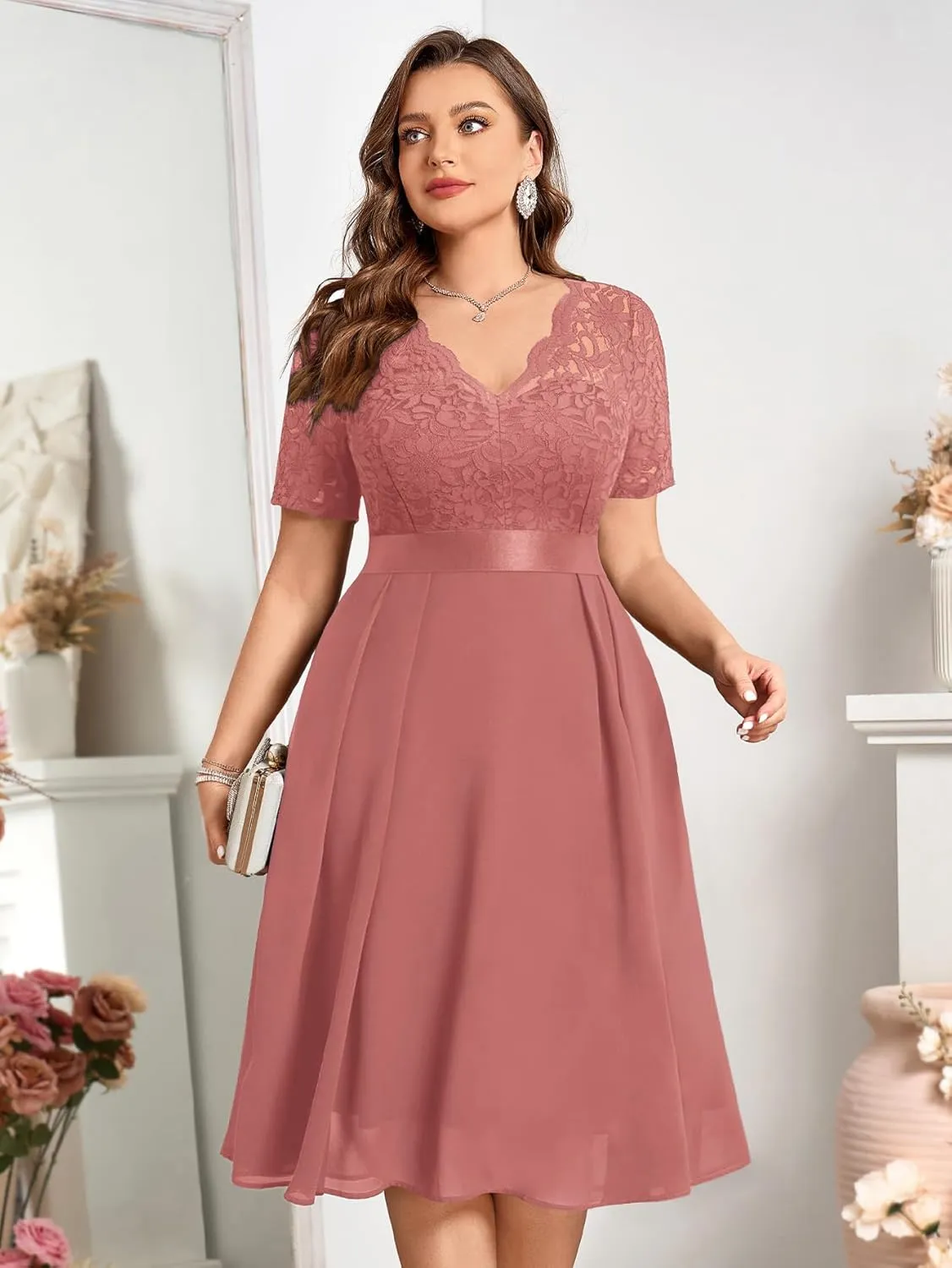 MISSMAY Women's Plus Size Lace Contrast Chiffon V Neck Flowy Cocktail Wedding Guest Midi Dress