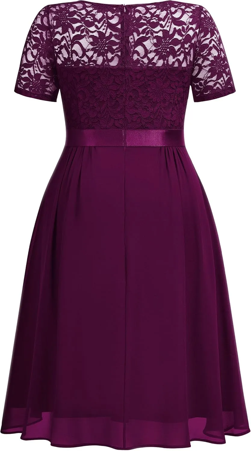 MISSMAY Women's Plus Size Lace Contrast Chiffon V Neck Flowy Cocktail Wedding Guest Midi Dress