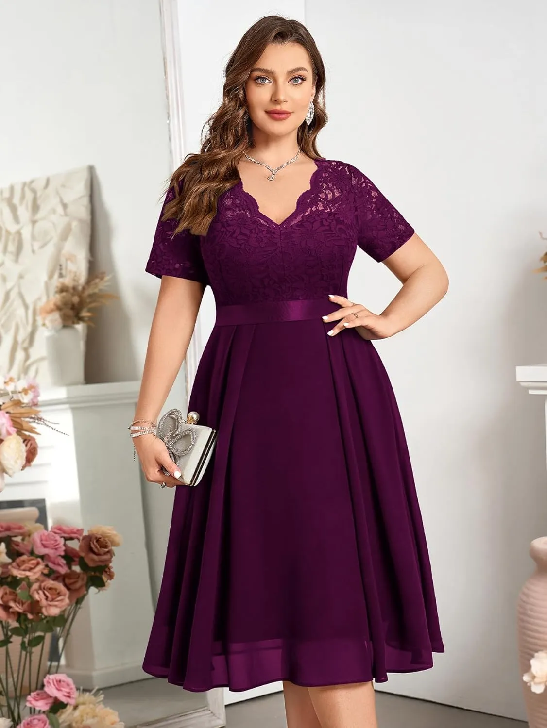 MISSMAY Women's Plus Size Lace Contrast Chiffon V Neck Flowy Cocktail Wedding Guest Midi Dress