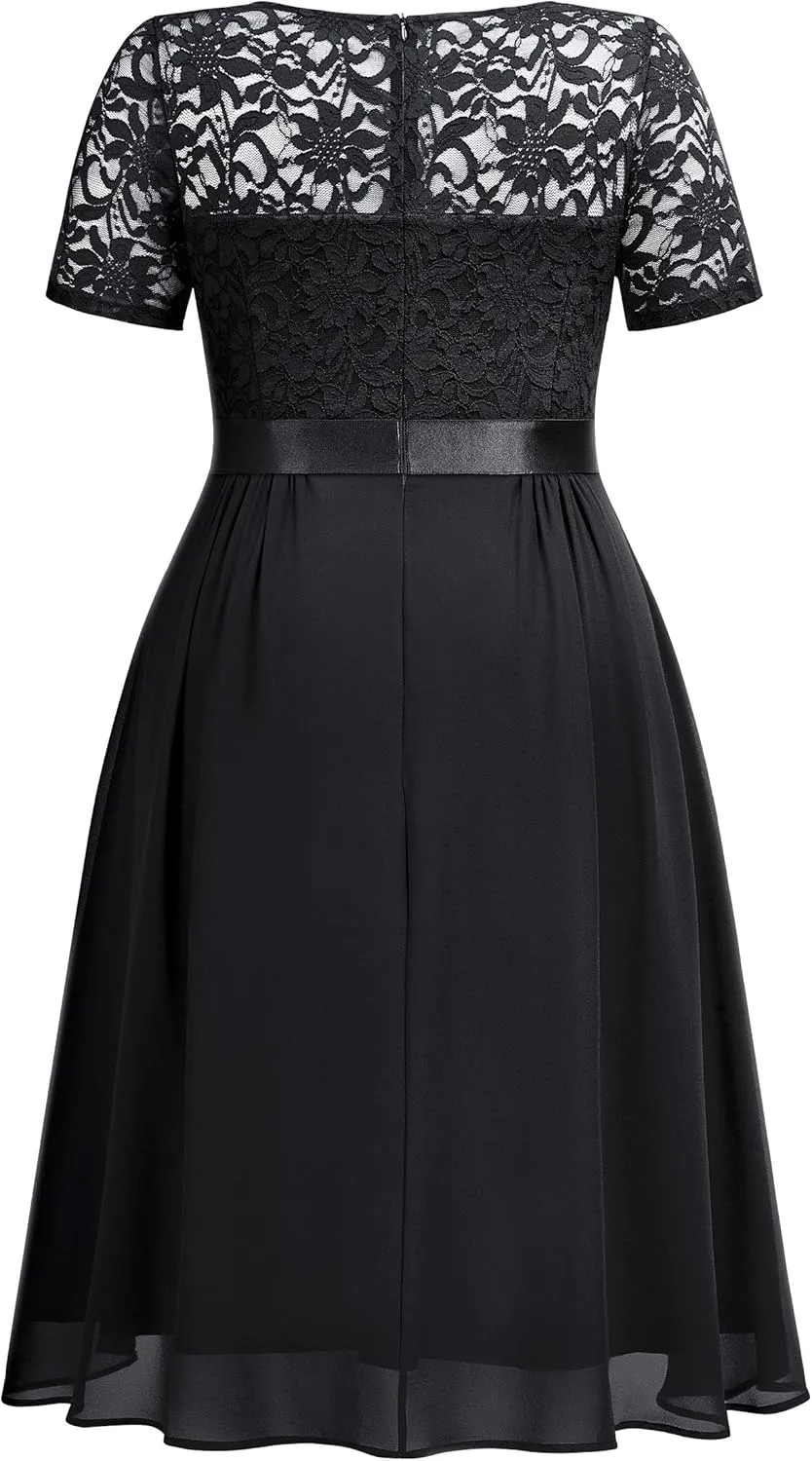 MISSMAY Women's Plus Size Lace Contrast Chiffon V Neck Flowy Cocktail Wedding Guest Midi Dress