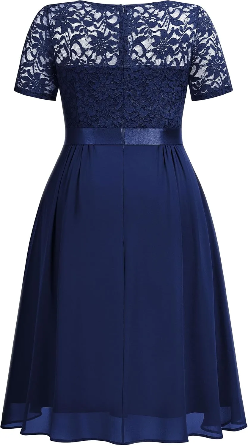 MISSMAY Women's Plus Size Lace Contrast Chiffon V Neck Flowy Cocktail Wedding Guest Midi Dress