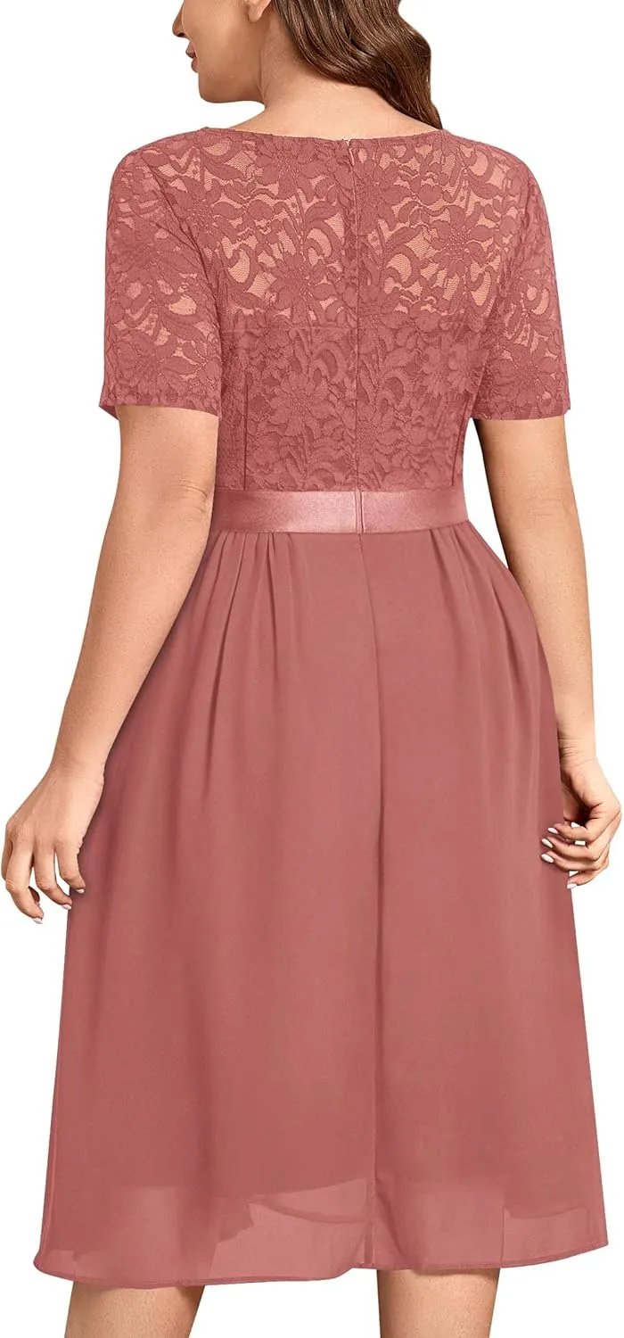 MISSMAY Women's Plus Size Lace Contrast Chiffon V Neck Flowy Cocktail Wedding Guest Midi Dress