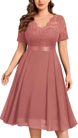 MISSMAY Women's Plus Size Lace Contrast Chiffon V Neck Flowy Cocktail Wedding Guest Midi Dress