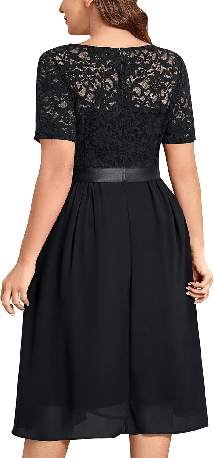 MISSMAY Women's Plus Size Lace Contrast Chiffon V Neck Flowy Cocktail Wedding Guest Midi Dress