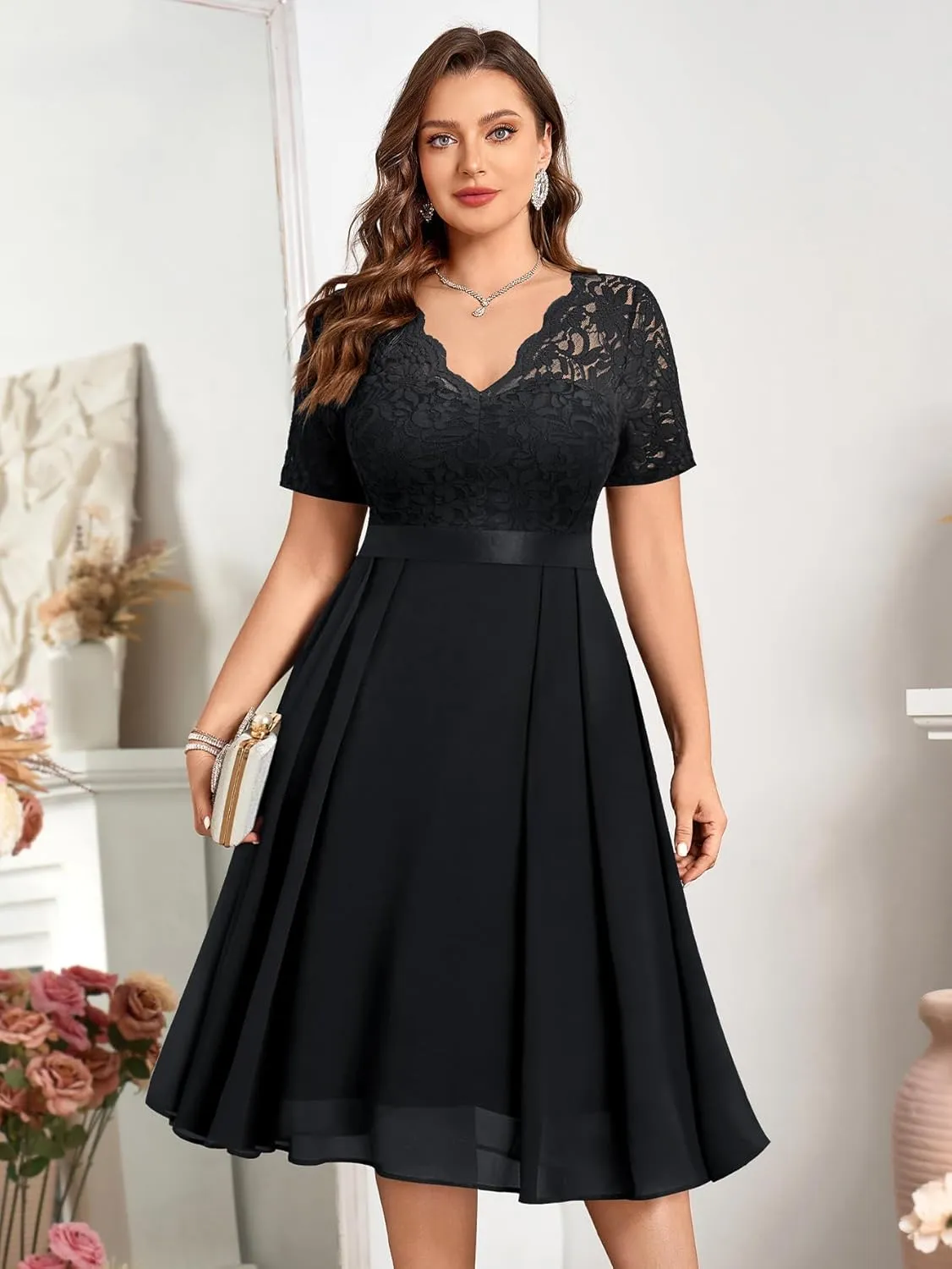 MISSMAY Women's Plus Size Lace Contrast Chiffon V Neck Flowy Cocktail Wedding Guest Midi Dress