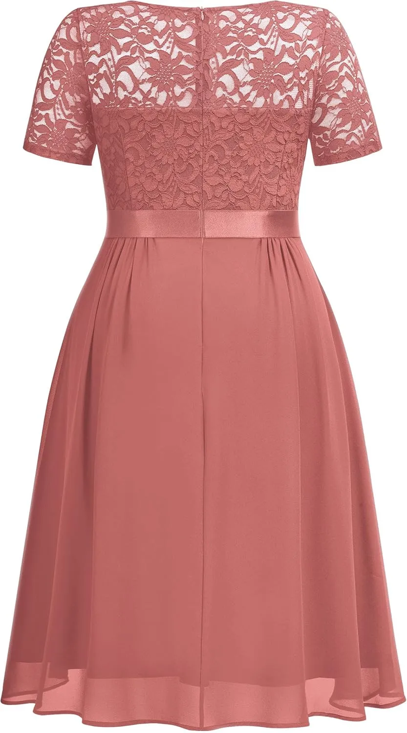 MISSMAY Women's Plus Size Lace Contrast Chiffon V Neck Flowy Cocktail Wedding Guest Midi Dress